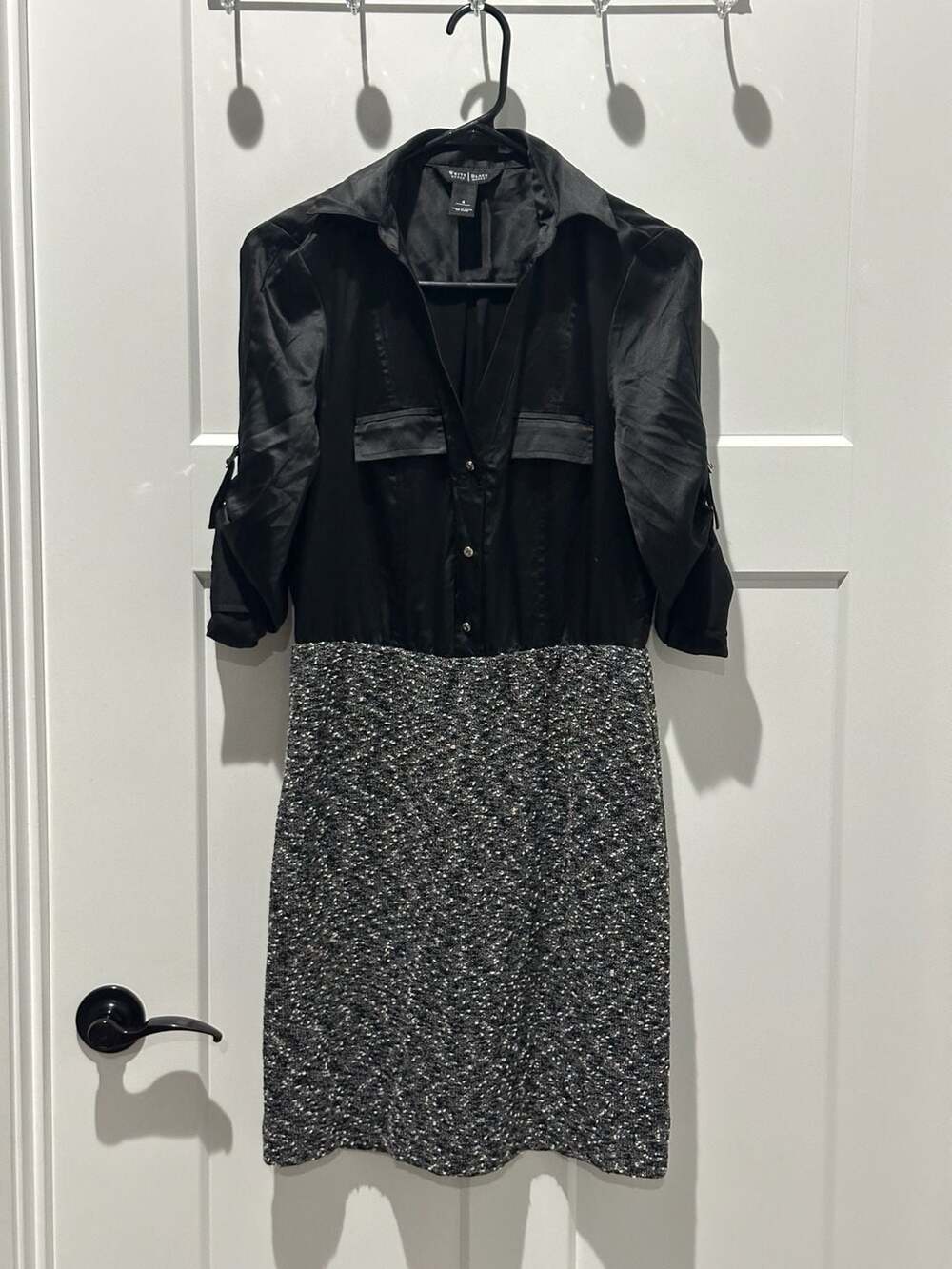 White House Black Market Size 4 Black Satin Top Tweed Skirt Combo Dress
